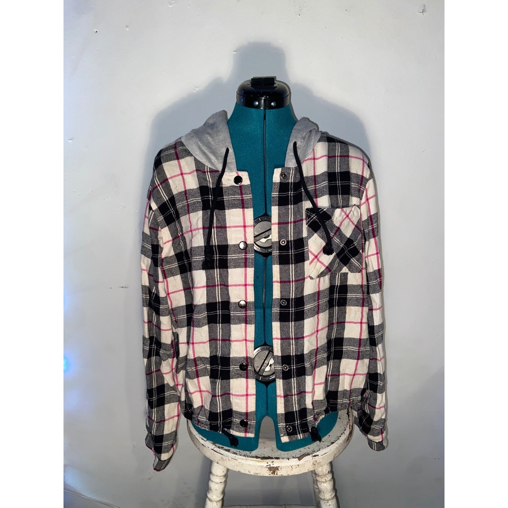 No Boundaries Plaid Cropped Drawstring Hoodie Flannel Jacket Grunge Y2K Kids L